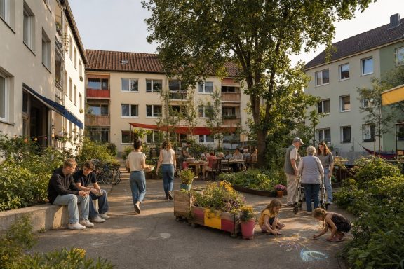 Das Leben im Hof · Konzeptvisualisierung Unverbindliche KI-Konzeptvisualisierung eines begrünten Mehrgenerationenhofes mit älteren und jüngeren Menschen zwischen behutsam erneuerten Bestandsgebäuden.
