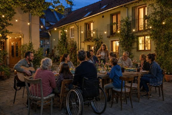 Abend im Hof · Konzeptvisualisierung Unverbindliche KI-Konzeptvisualisierung eines kleinen generationenübergreifenden Abendessens bei Lichterketten im begrünten Hof.